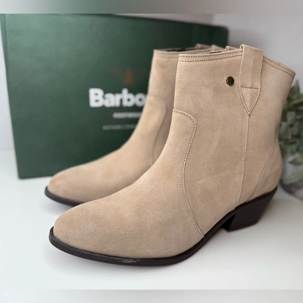 Barbour Women's Taupe Suede Ankle Western Booties Size 10 Feminine Classic
